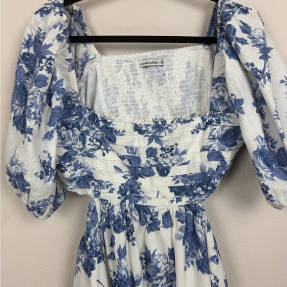 Abercrombie & Fitch Emerson Poplin Puff Sleeve Dress blue white floral XL Linen - Picture 4 of 6
